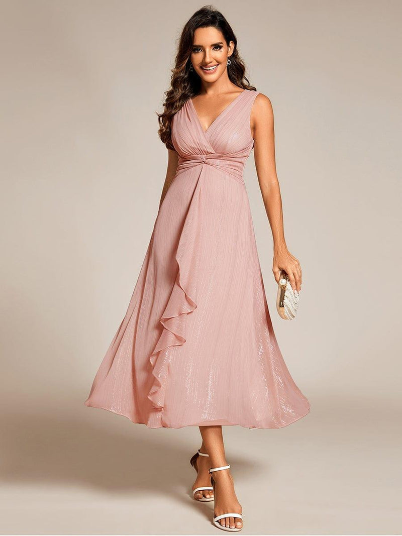 Midi Sleeveless V-Neck A-Line Wedding Guest Dress with Delicate Ruffled