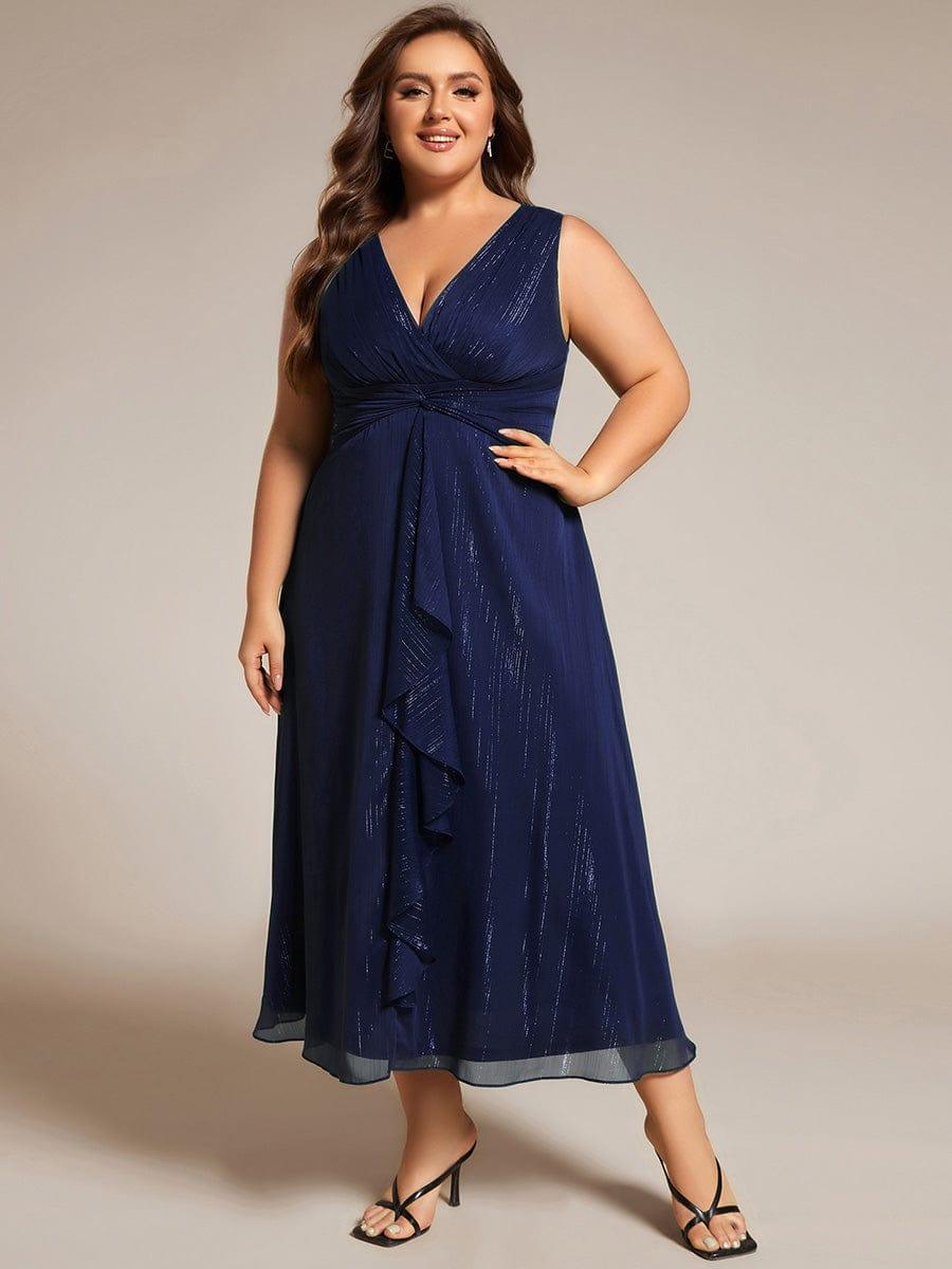 Glitter Sleeveless A-Line Midi Wedding Guest Dress with Ruffled Hem #color_Navy Blue