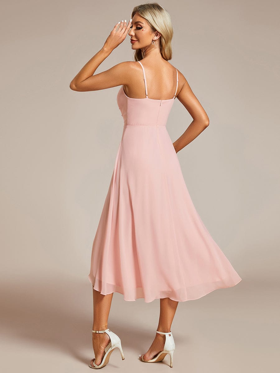 High-Low V-Neck Pleated Spaghetti Strap Wedding Guest Dress in Chiffon #color_Pink