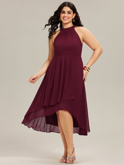 Flowy Plus Size Halter Neck Chiffon Midi Wedding Guest Dress #color_Burgundy