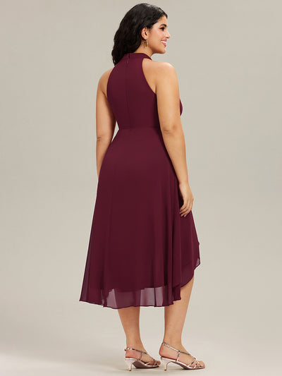 Flowy Plus Size Halter Neck Chiffon Midi Wedding Guest Dress #color_Burgundy