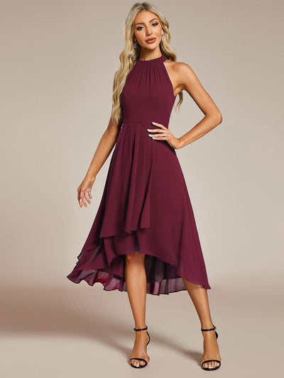 Midi Halter Neck Chiffon Wedding Guest Dress with Sleeveless and A-Line #color_Burgundy
