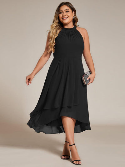 Flowy Plus Size Halter Neck Chiffon Midi Wedding Guest Dress #color_Black