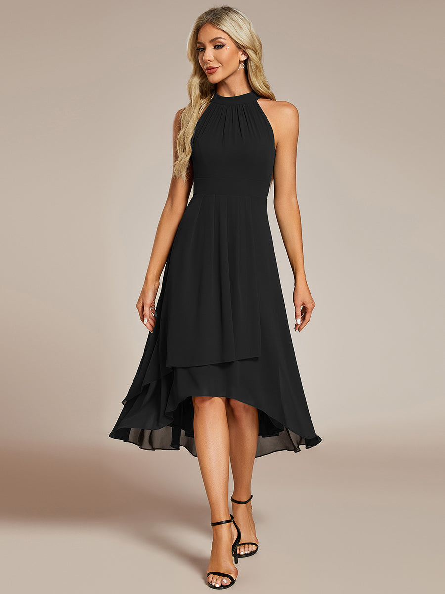 Gathered Chiffon Sleeveless Wedding Guest Dress #color_Black