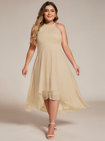 Flowy Plus Size Halter Neck Chiffon Midi Wedding Guest Dress #color_Champagne