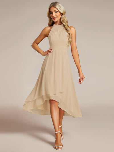 Midi Halter Neck Chiffon Wedding Guest Dress with Sleeveless and A-Line #color_Champagne