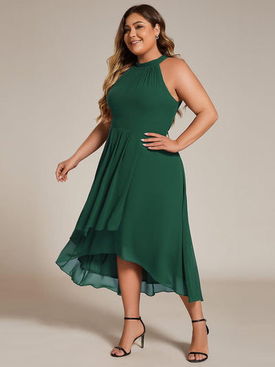 Flowy Plus Size Halter Neck Chiffon Midi Wedding Guest Dress #color_Dark Green