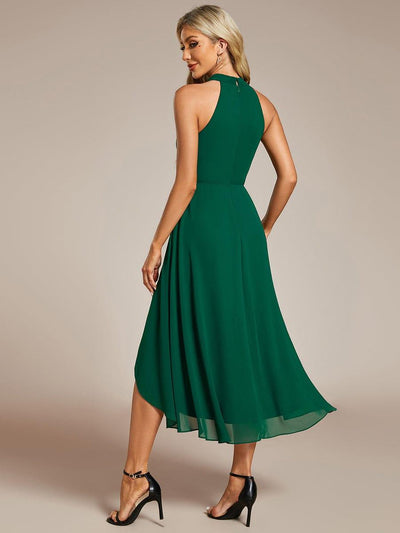 Midi Halter Neck Chiffon Wedding Guest Dress with Sleeveless and A-Line #color_Dark Green