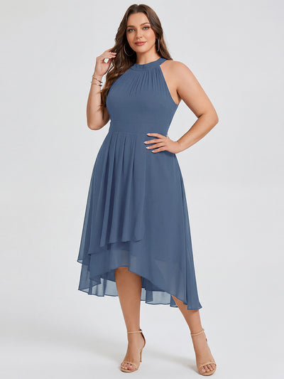 Flowy Plus Size Halter Neck Chiffon Midi Wedding Guest Dress #color_Dusty Blue
