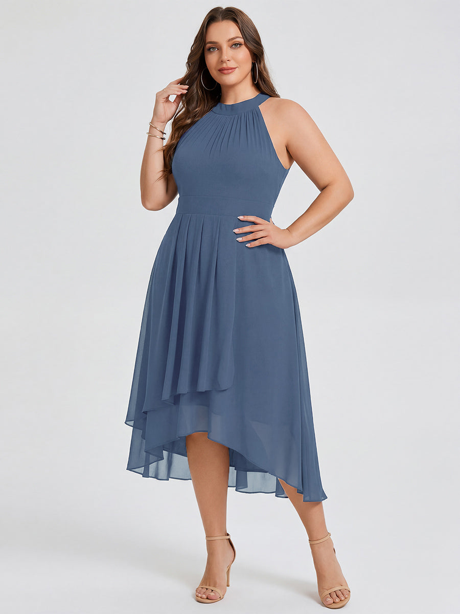 Flowy Plus Size Halter Neck Chiffon Midi Wedding Guest Dress #color_Dusty Blue