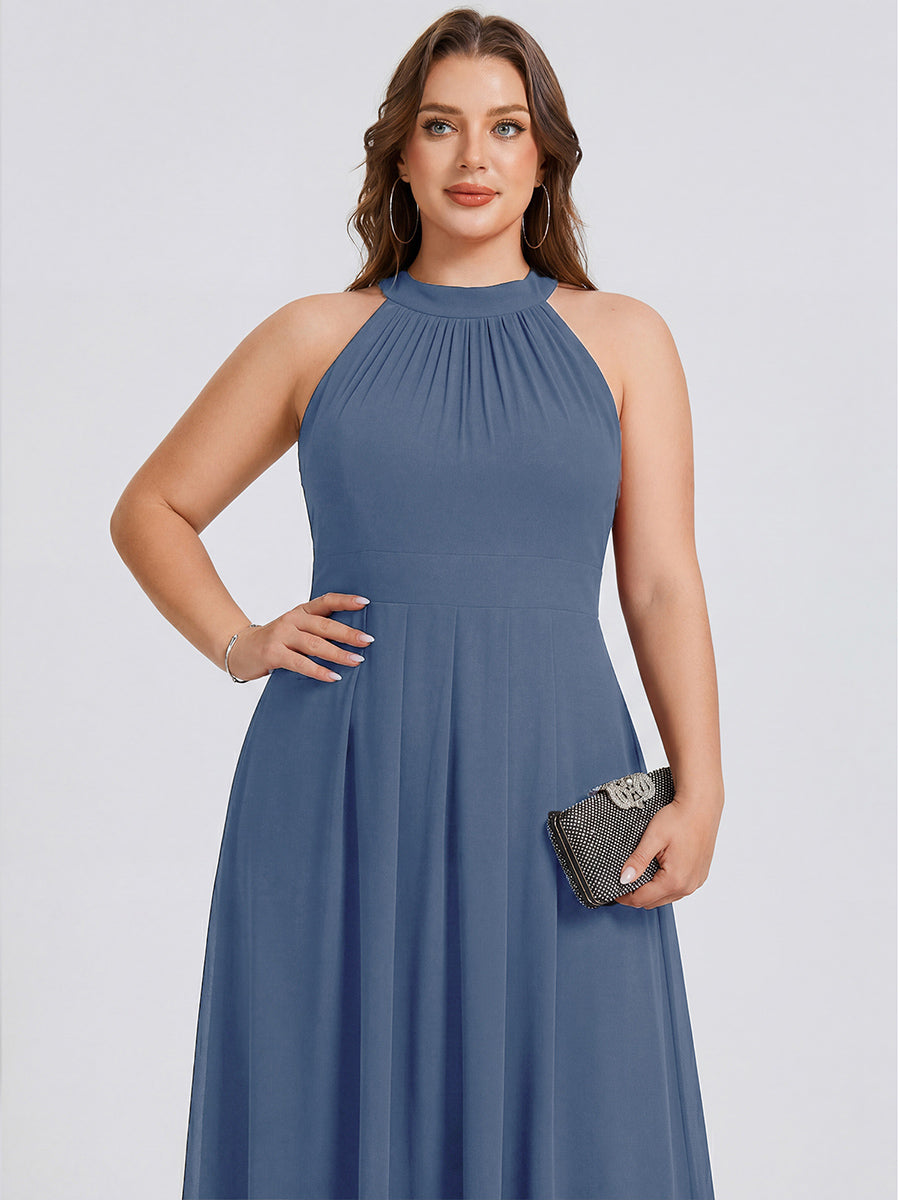 Flowy Plus Size Halter Neck Chiffon Midi Wedding Guest Dress #color_Dusty Blue