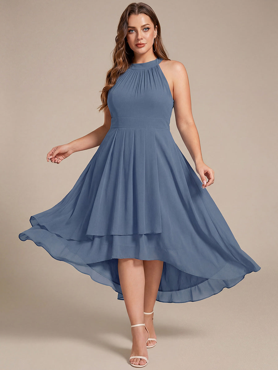Flowy Plus Size Halter Neck Chiffon Midi Wedding Guest Dress #color_Dusty Blue