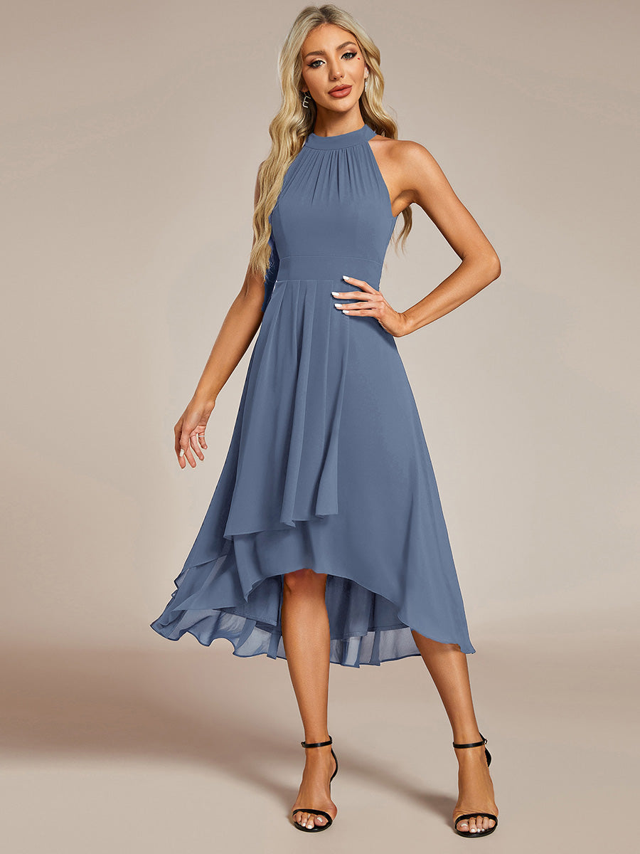 Midi Halter Neck Chiffon Wedding Guest Dress with Sleeveless and A-Line #color_Dusty Blue