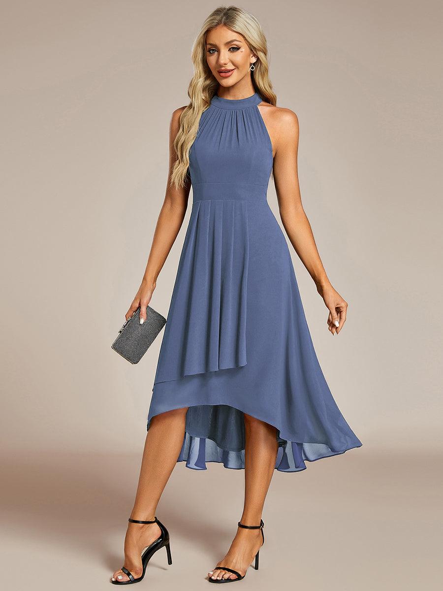 Midi Halter Neck Chiffon Wedding Guest Dress with Sleeveless and A-Line #color_Dusty Blue