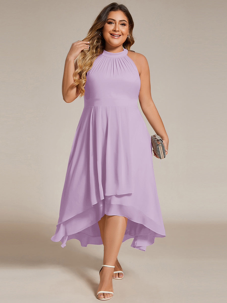 Midi Halter Neck Chiffon Wedding Guest Dress with Sleeveless and A-Line #color_Frosted Lilac