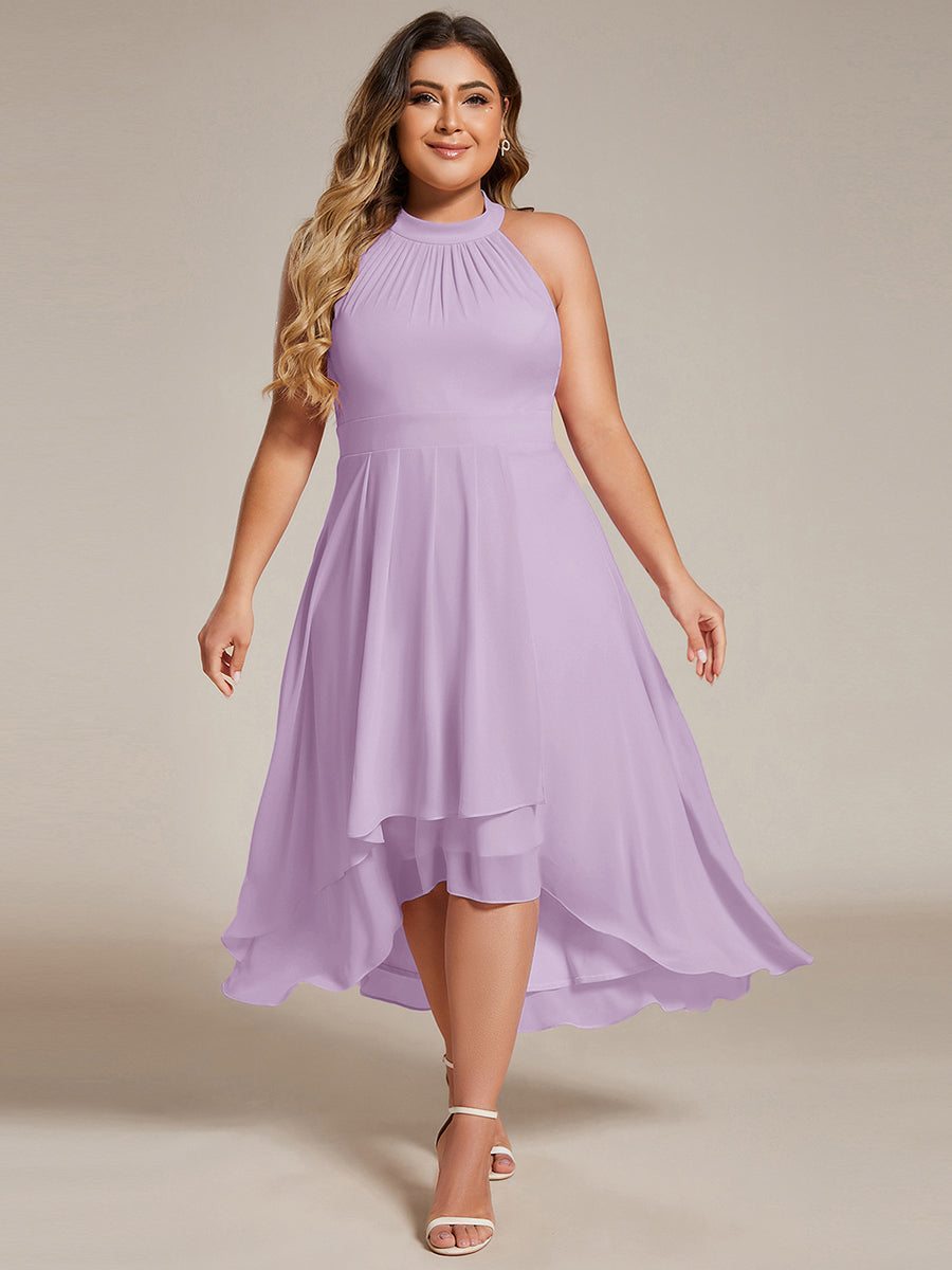Midi Halter Neck Chiffon Wedding Guest Dress with Sleeveless and A-Line #color_Frosted Lilac