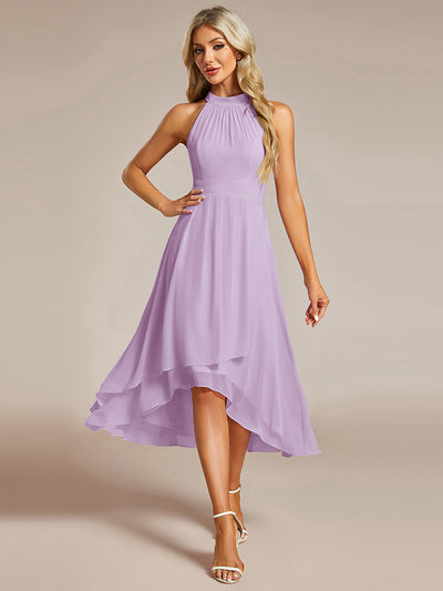 elegant wedding guest dress Elegant Chiffon Round Neck Lantern Sleeve Deep Purple Bridesmaid Dress –  Bridal Glee main image 0