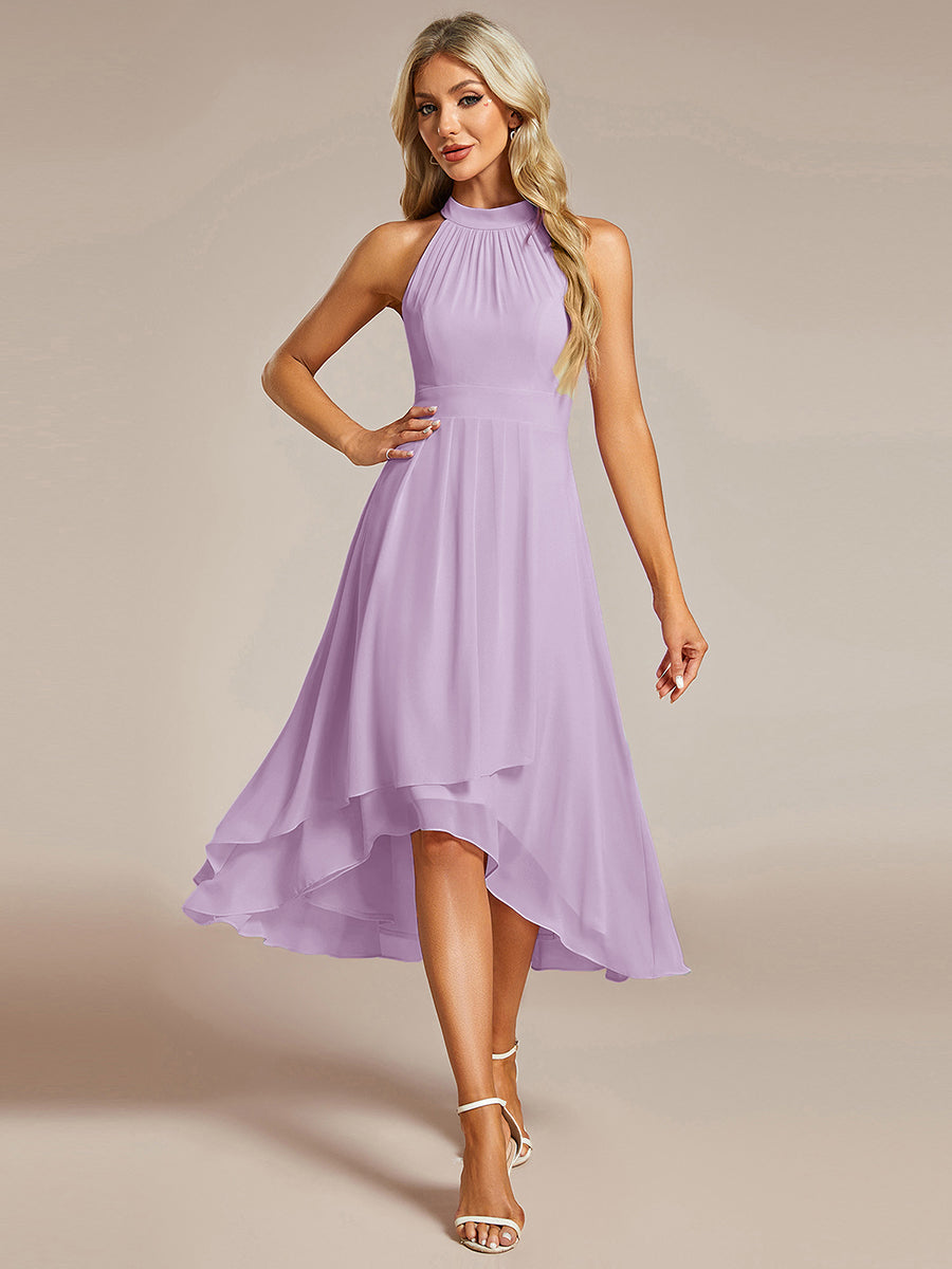 Midi Halter Neck Chiffon Wedding Guest Dress with Sleeveless and A-Line #color_Frosted Lilac