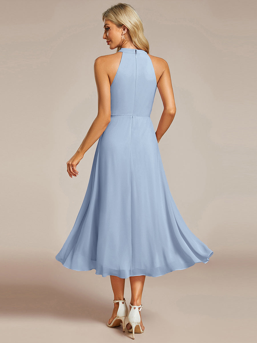 Midi Halter Neck Chiffon Wedding Guest Dress with Sleeveless and A-Line #color_Ice Blue