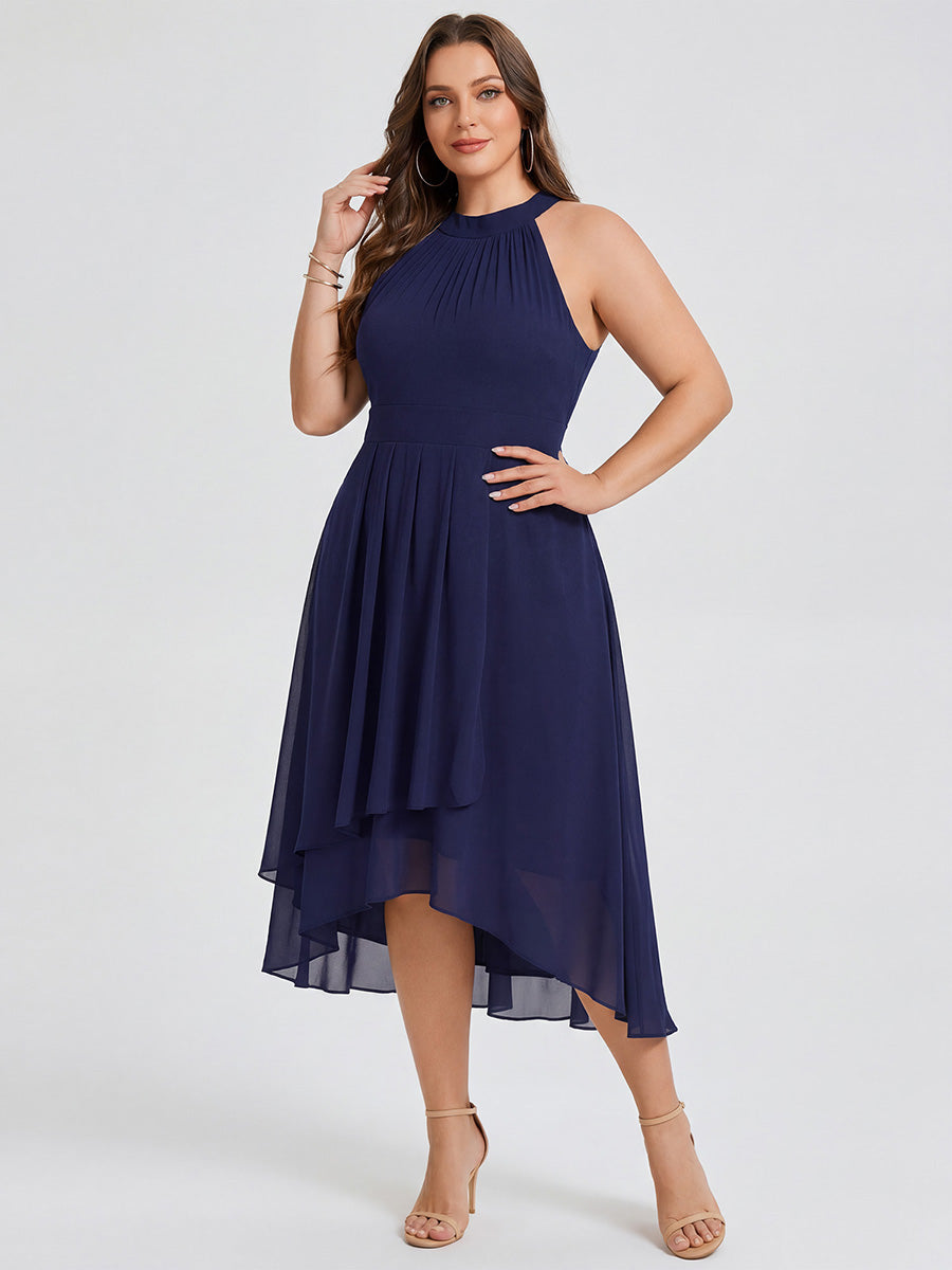 Gathered Chiffon Sleeveless Wedding Guest Dress #color_Navy Blue