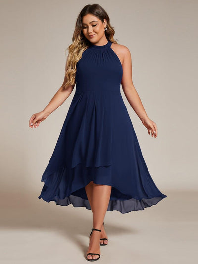 Flowy Plus Size Halter Neck Chiffon Midi Wedding Guest Dress #color_Navy Blue