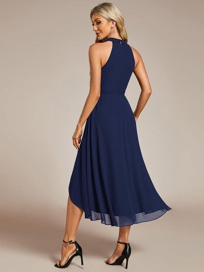 Midi Halter Neck Chiffon Wedding Guest Dress with Sleeveless and A-Line #color_Navy Blue