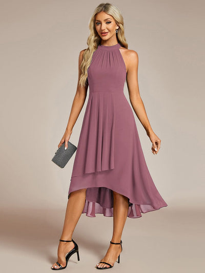 Midi Halter Neck Chiffon Wedding Guest Dress with Sleeveless and A-Line #color_Purple Orchid