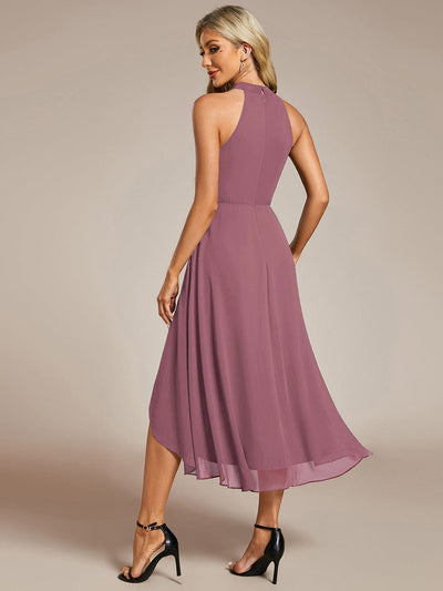 Midi Halter Neck Chiffon Wedding Guest Dress with Sleeveless and A-Line #color_Purple Orchid