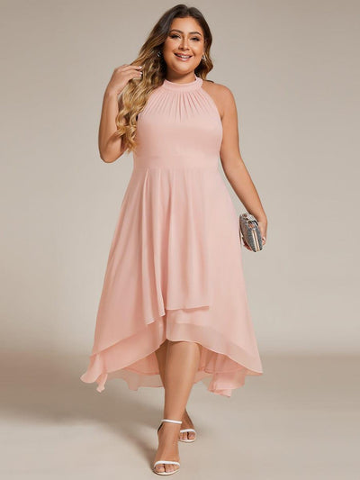 Flowy Plus Size Halter Neck Chiffon Midi Wedding Guest Dress #color_Pink