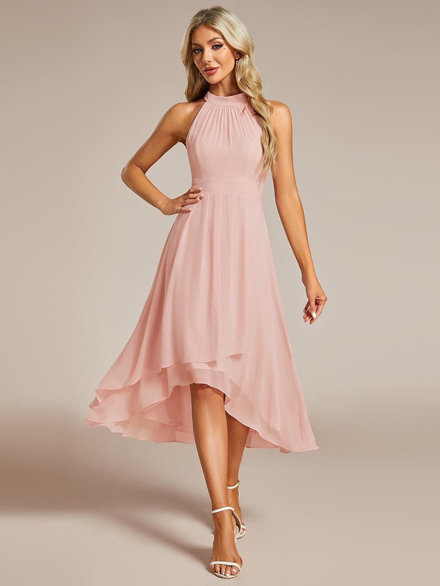 Midi Halter Neck Chiffon Wedding Guest Dress with Sleeveless and A-Line #color_Pink