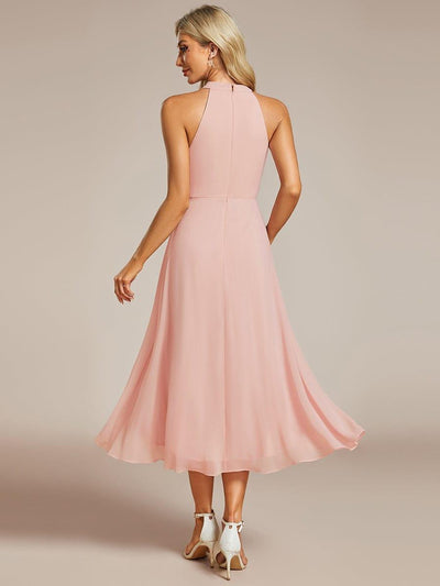 Midi Halter Neck Chiffon Wedding Guest Dress with Sleeveless and A-Line #color_Pink
