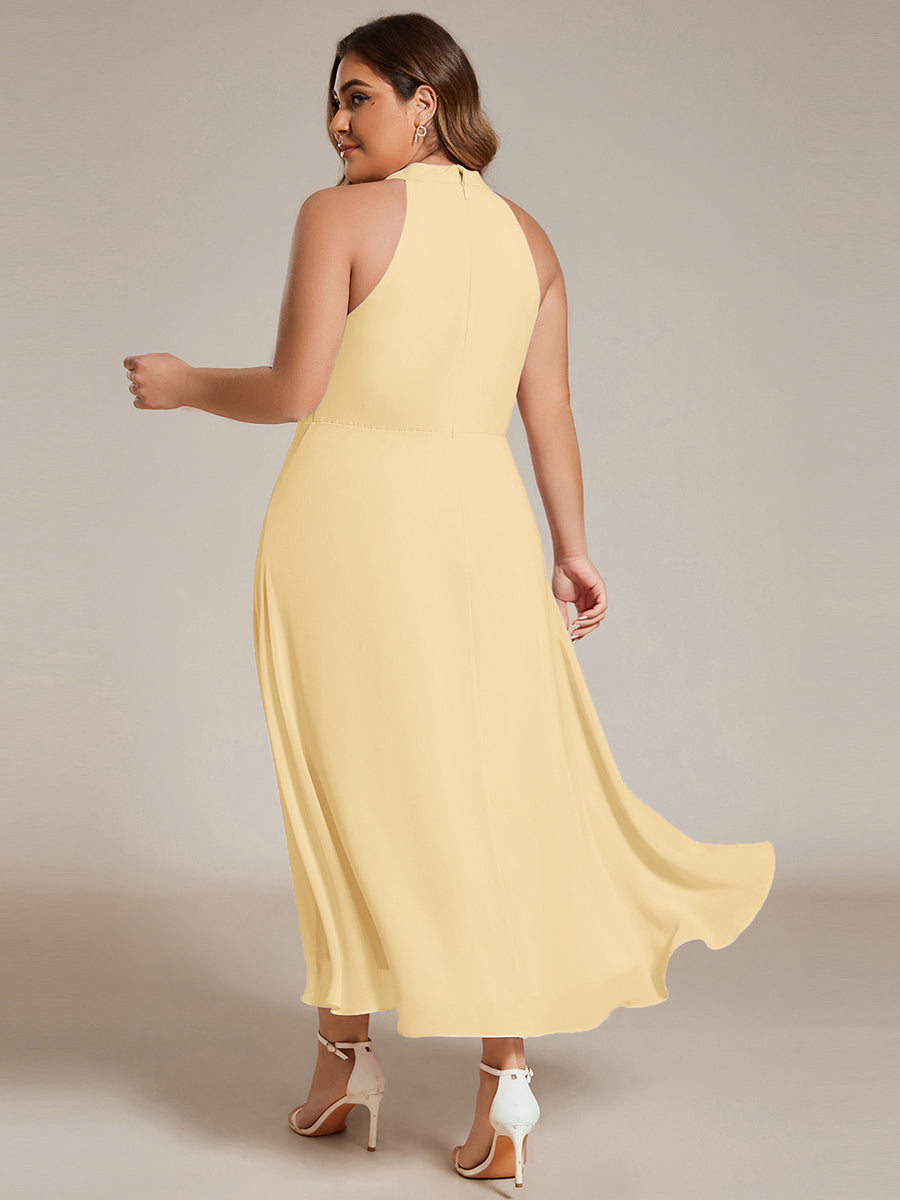 Midi Halter Neck Chiffon Wedding Guest Dress with Sleeveless and A-Line #color_Yellow
