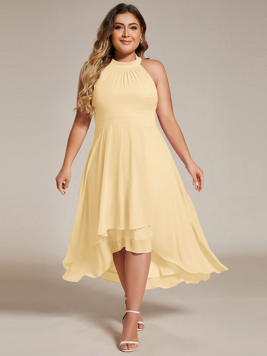 Midi Halter Neck Chiffon Wedding Guest Dress with Sleeveless and A-Line #color_Yellow