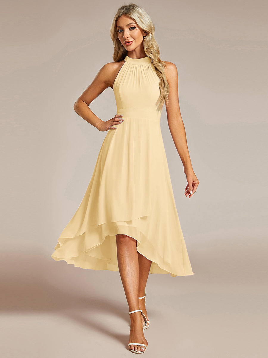 Midi Halter Neck Chiffon Wedding Guest Dress with Sleeveless and A-Line #color_Yellow