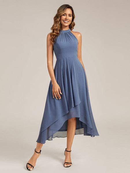 hi low midi dress Pleated High-Low Chiffon Midi Wedding Guests Dress