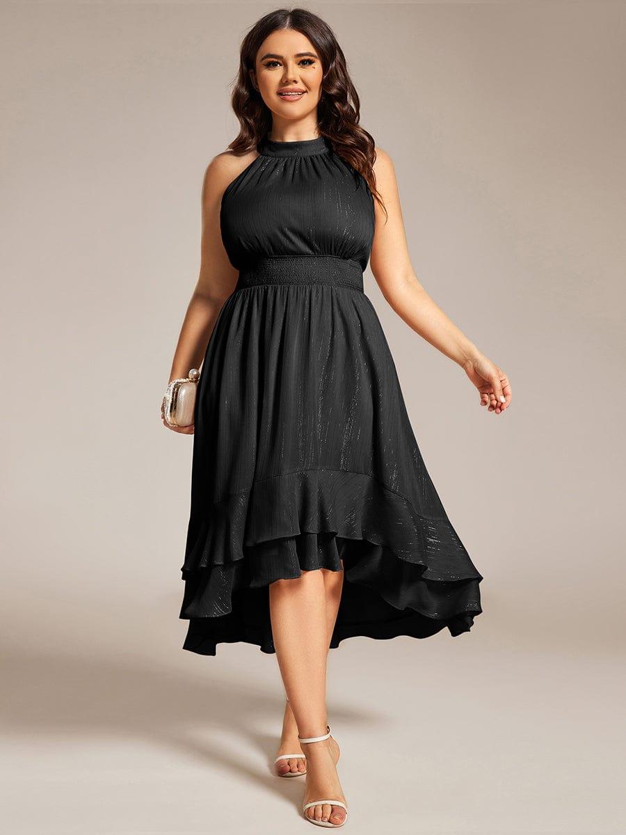 Sparkly High-Low Ruffle Halter Neck Wedding Guest Dress with Pleating #color_Black