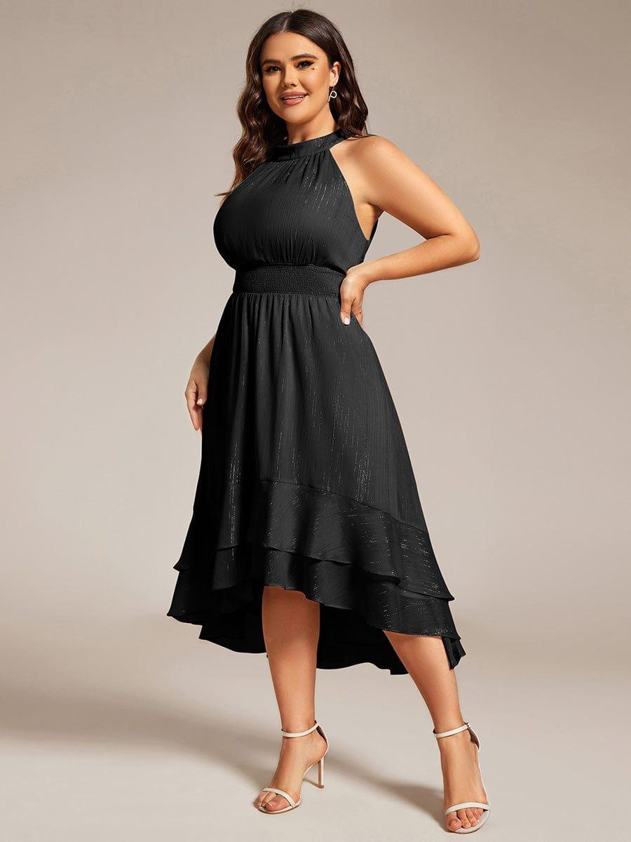 Plus Size Glittery Sleeveless Halter Neck Midi Wedding Guest Dress #color_Black