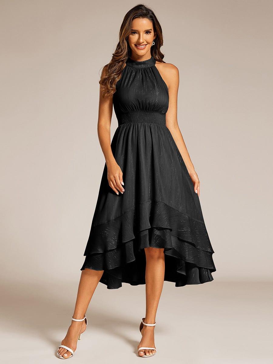 Sparkly High-Low Ruffle Halter Neck Wedding Guest Dress with Pleating #color_Black