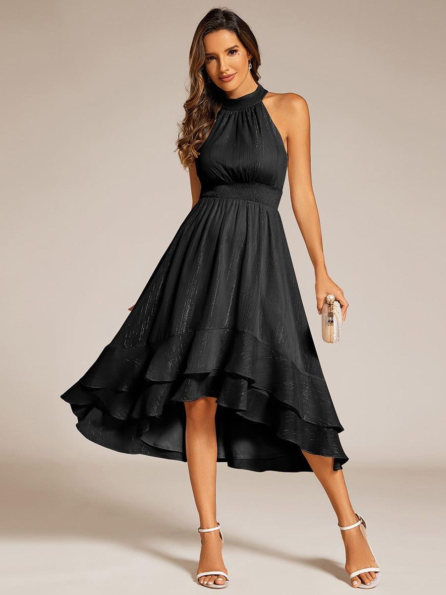 Sparkly High-Low Ruffle Halter Neck Wedding Guest Dress with Pleating #color_Black