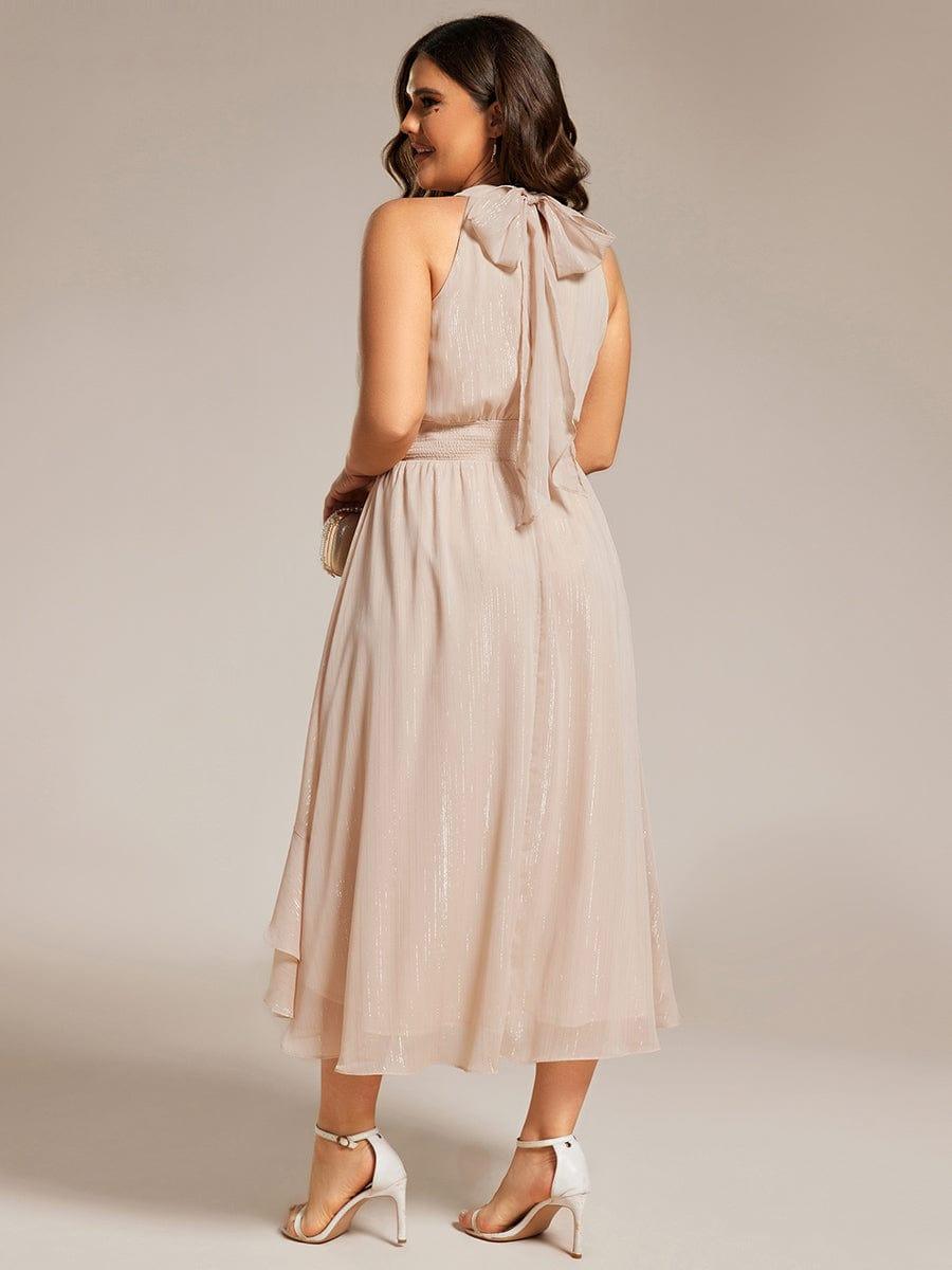 Sparkly High-Low Ruffle Halter Neck Wedding Guest Dress with Pleating #color_Champagne