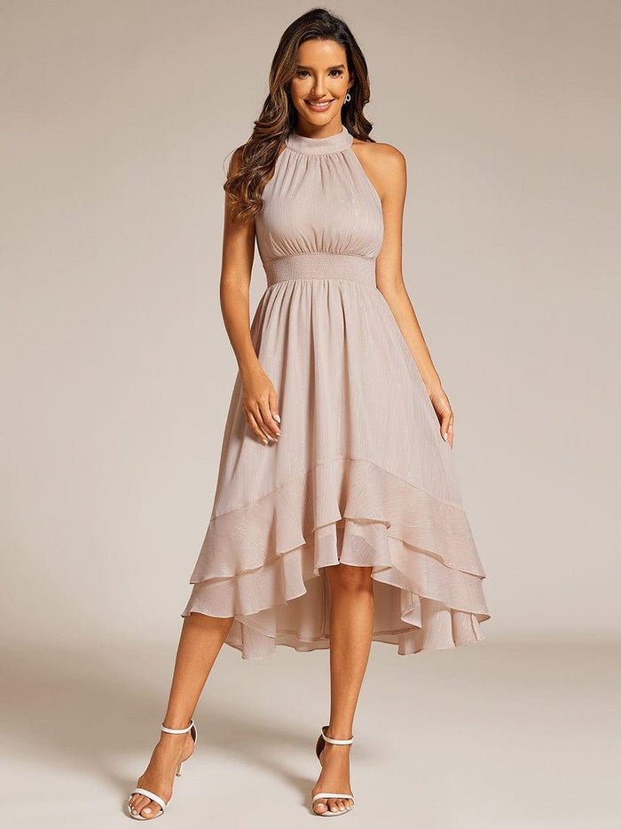 Sparkly High-Low Ruffle Halter Neck Wedding Guest Dress - Ever-Pretty US