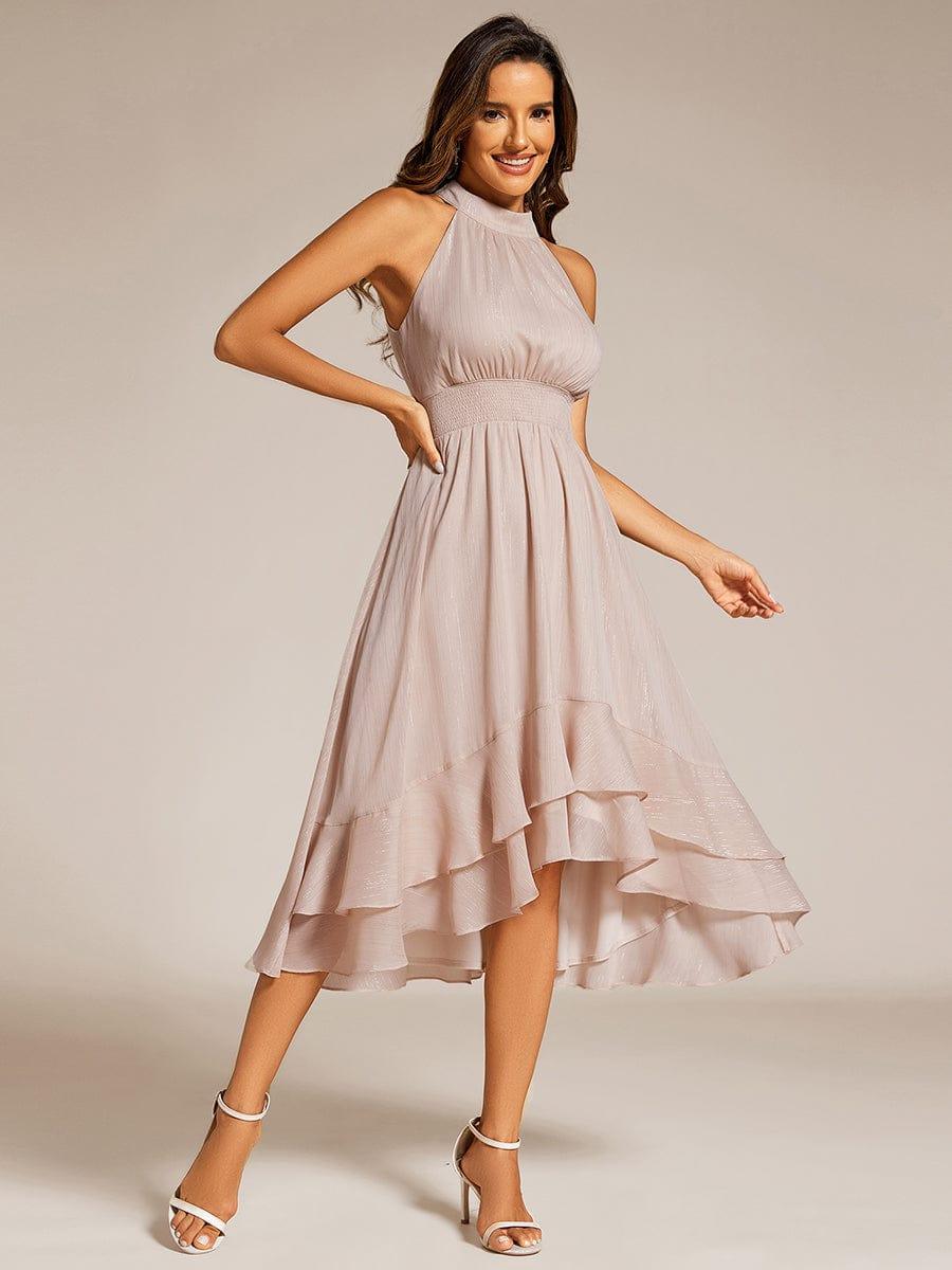 Sparkly High-Low Ruffle Halter Neck Wedding Guest Dress with Pleating #color_Champagne