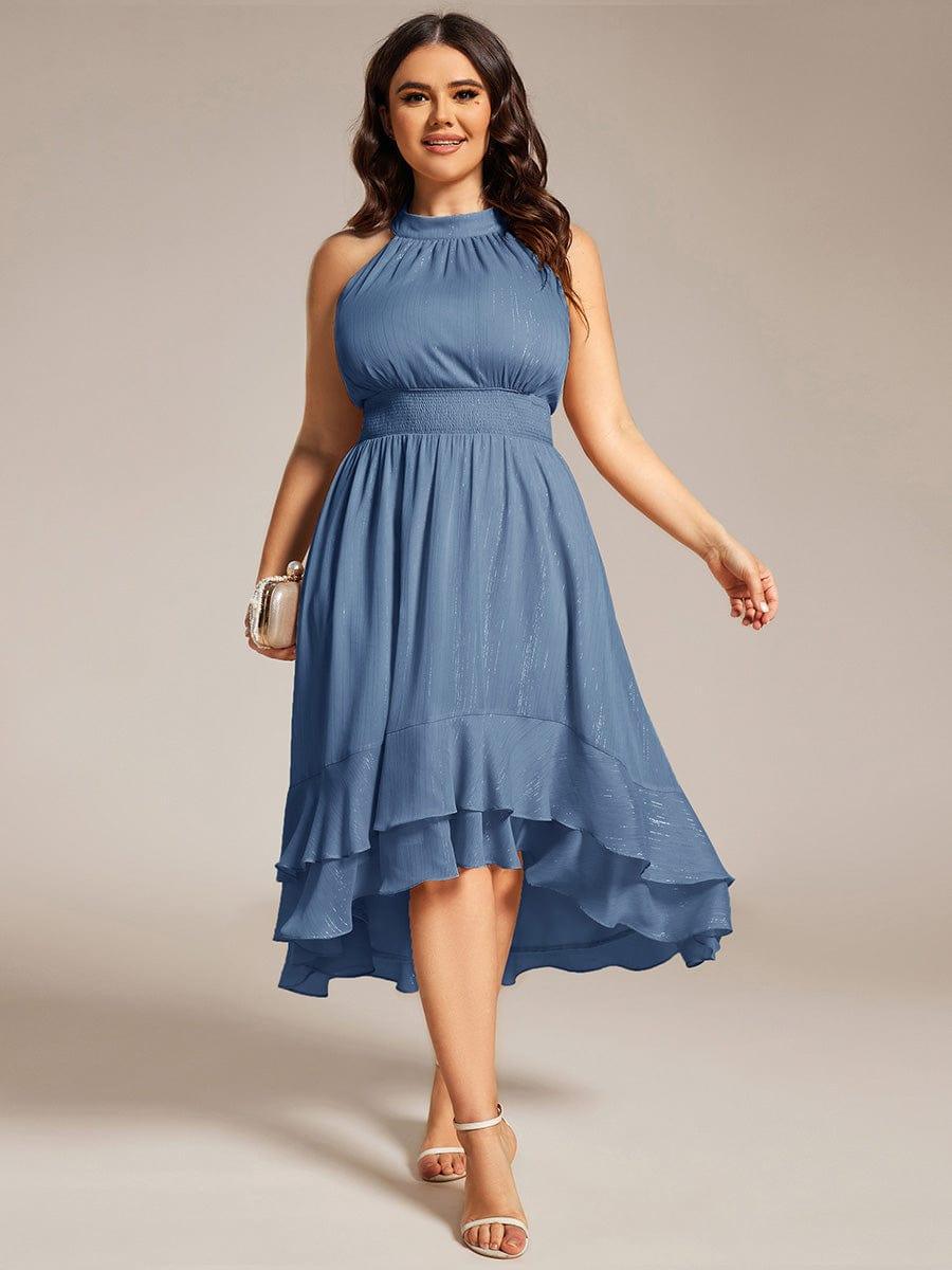 Sparkly High-Low Ruffle Halter Neck Wedding Guest Dress with Pleating #color_Dusty Blue