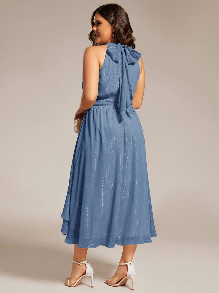 Sparkly High-Low Ruffle Halter Neck Wedding Guest Dress with Pleating #color_Dusty Blue