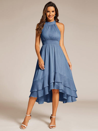 Sparkly High-Low Ruffle Halter Neck Wedding Guest Dress with Pleating #color_Dusty Blue