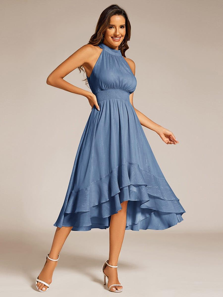 Sparkly High-Low Ruffle Halter Neck Wedding Guest Dress with Pleating #color_Dusty Blue