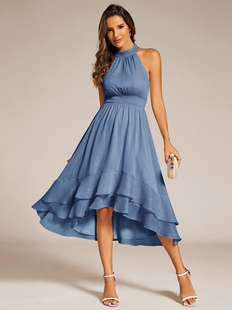 Sparkly High-Low Ruffle Halter Neck Wedding Guest Dress - Ever-Pretty US
