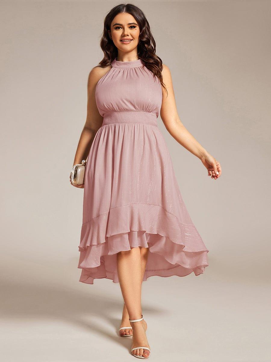 Sparkly High-Low Ruffle Halter Neck Wedding Guest Dress with Pleating #color_Dusty Rose