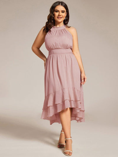 Plus Size Glittery Sleeveless Halter Neck Midi Wedding Guest Dress #color_Dusty Rose