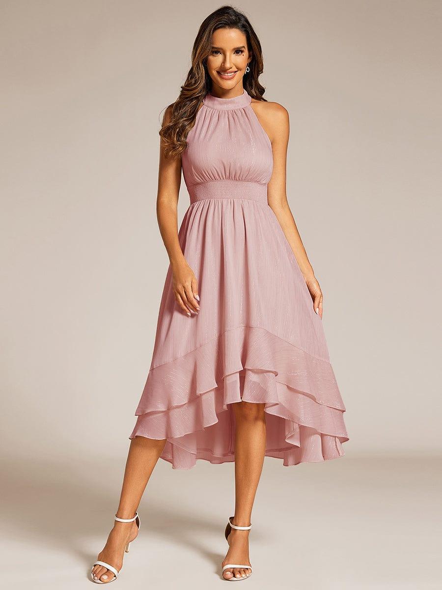 Sparkly High-Low Ruffle Halter Neck Wedding Guest Dress with Pleating #color_Dusty Rose